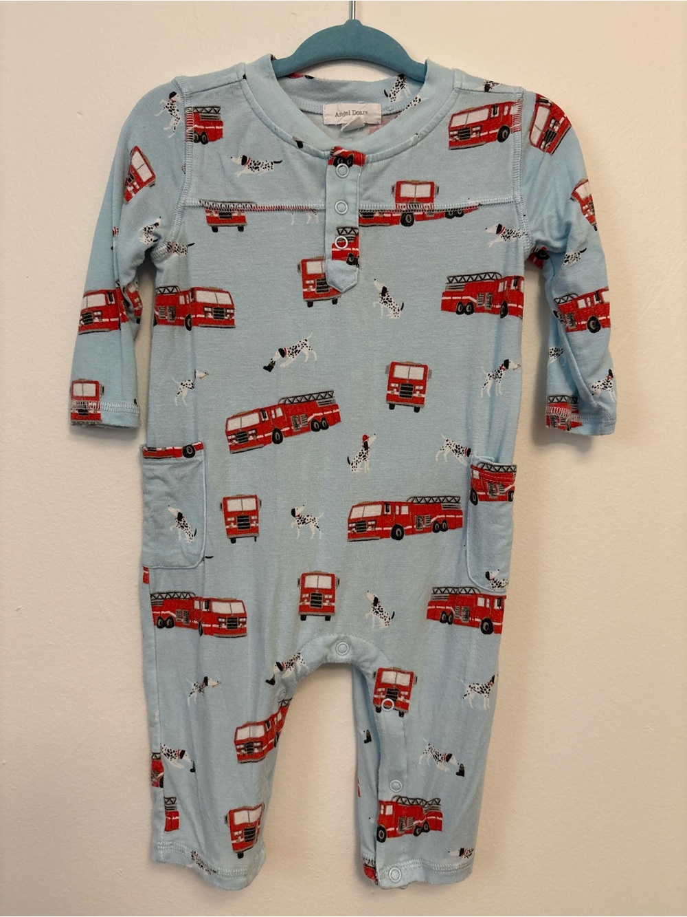 Angel Dear Light Blue Firetruck & Dalmatian Print One-Piece
